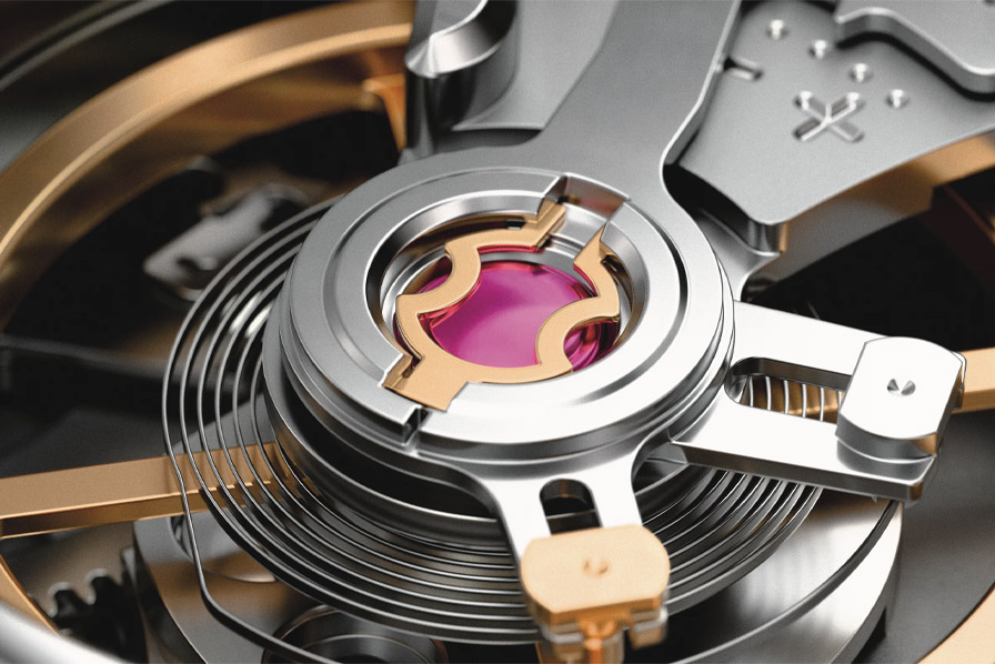 Máquina de un reloj suizo mecánico vista por el fondo de la caja, con el rotor del movimiento automático